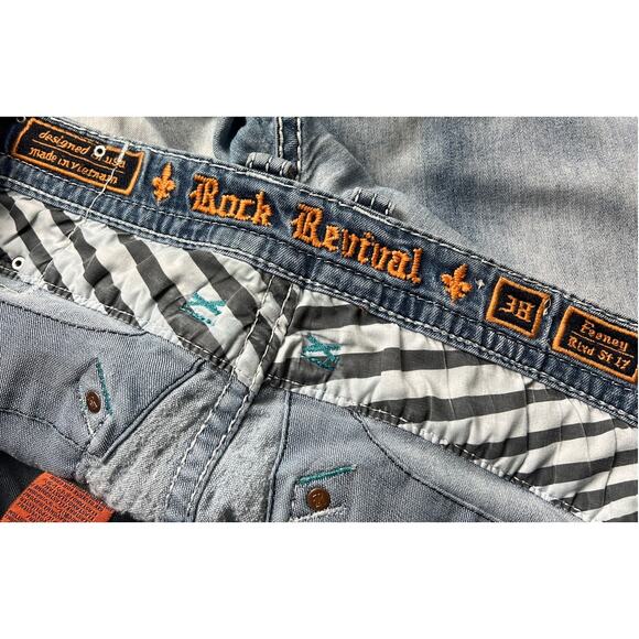 Rock Revival Size 38 Feeny Denim Jeans Embroidered Distressed Straight Leg - Picture 7 of 8